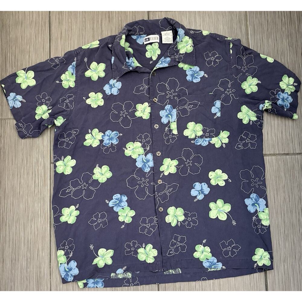 Untied Men’s Blue Floral Silk Hawaiin Shirt Sleeve Shirt Size XL